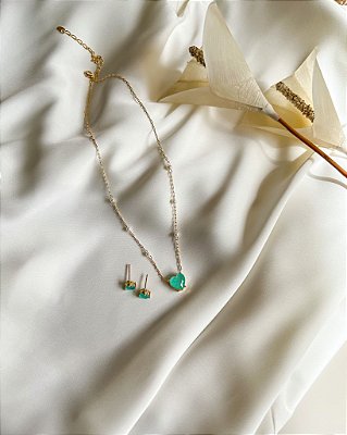 Conjunto Coração Fusion na cor Esmeralda Colombiana banhado a ouro