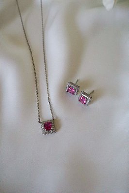Conjunto quadrado cravejado safira rosa ródio branco