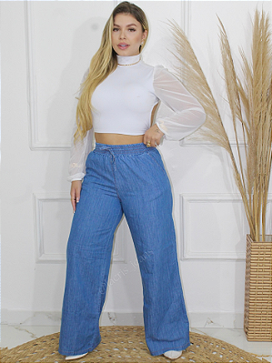 Calça Jeans Feminina Pantalona Wide Leg com Elástico na Cintura e Bolso na Frente