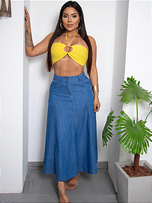 saia jeans longa rodada evangélica feminina C/ bolsos fechamento em botões