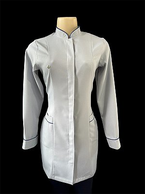 Jaleco Esmeralda manga longa PB - Cinza claro e detalhes Azul Marinho