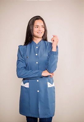 Jaleco Fernanda manga longa -Azul Indigo com Branco
