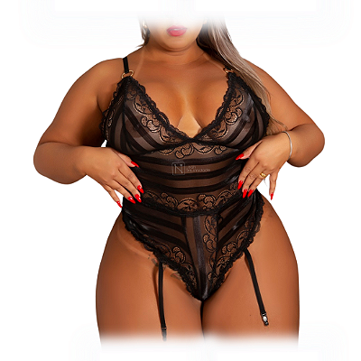 Body em Renda Luxo com Abertura Tipo Secretária, Ligas e Fio Dental em Pérolas