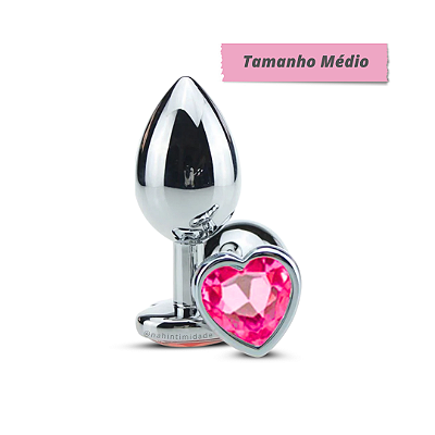 Plug Anal de Metal Cromado Médio com Joia Coração Cores Variadas