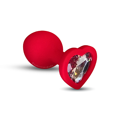 Plug Anal em Silicone Médio Vermelho com Joia Coração Transparente