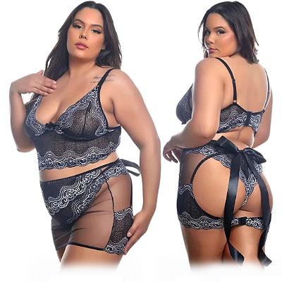 Conjunto Sensual Bicolor Com Sainha - Plus Size