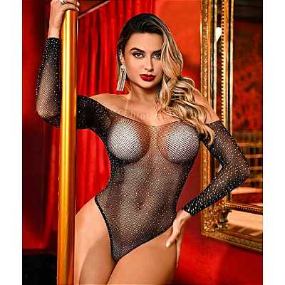 Body Arrastão Manga Longa com Strass - Tamanho Único