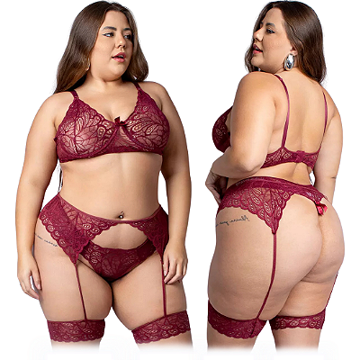 Conjunto Jordana Plus Size com Cinta Liga - Vinho