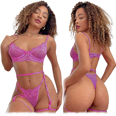 Conjunto Francine de Renda com Cinta-Liga - Roxo
