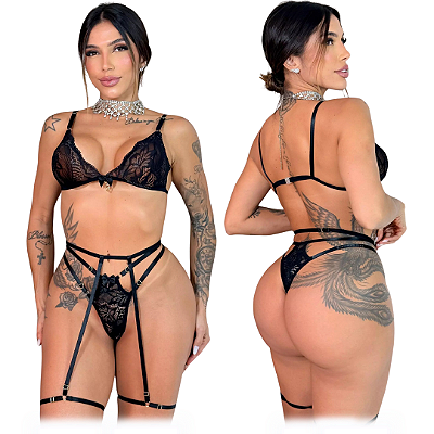 Conjunto Jéssica de Renda com Cinta Liga - Preto