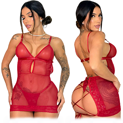 Camisola Sexy de Tule com Calcinha Pietra - Vermelha