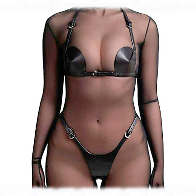 Fetiche Harness Conjunto Sutiã e Calcinha em Couro - Preto