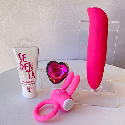 Kit Especial 6/9 - Gel Sedenta + Anel Coelhinho + Plug anal P + Vibrador Golfinho