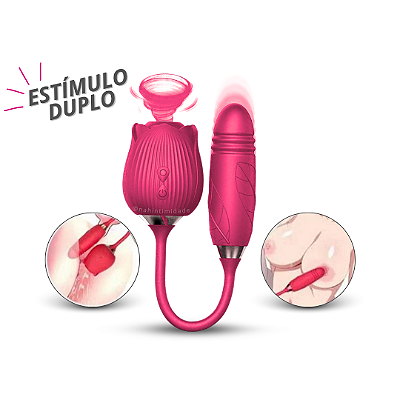 Estimulador 2 em 1 Com Vai e Vem e Sugador Clitoriano Formato de Rosa - Recarregável - Pink