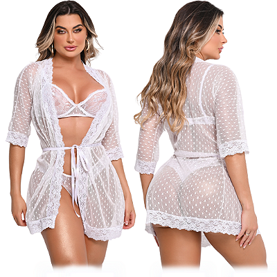 Conjunto de Renda com Sutiã, Calcinha e Robe - Branco