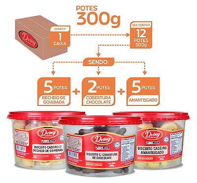 Caixa Biscoitos Amanteigados Tradicional C/12 Potes Misto 300g - Dviny