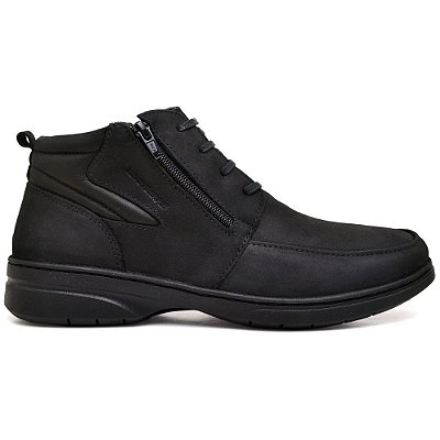 Bota Coturno Masculino Zíper Ortopédico em Couro Forrado em Couro Palmilha Gel Preto