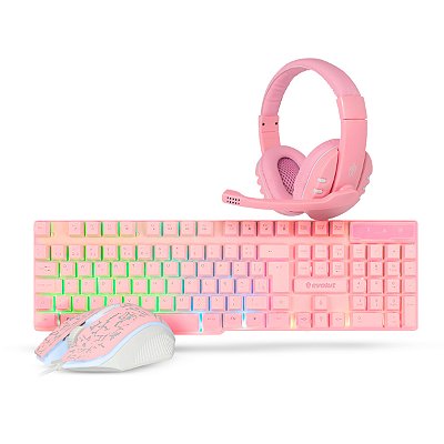 Kit Starter Gamer Combo EG-53 Rosa Evolut RGB Rainbow