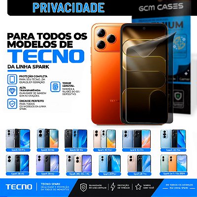 Película Hidrogel para Tecno Linha Spark Series Privacidade TPU Flexível Premium