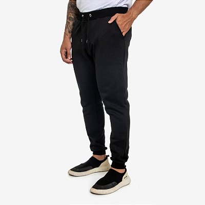 Calça Moletom Masculina Bolso Lateral com Elástico e Punho - Preto
