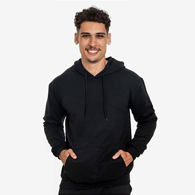 Casaco de Moletom Masculino com Bolso Canguru e Capuz P ao GG - Preto