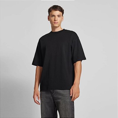 Camiseta Oversized Lisa Masculina Gola Larga Algodão Premium - Preto
