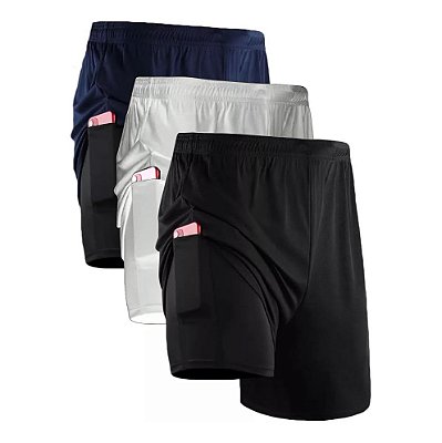 Kit 3 Bermudas Dryfit Com Short Térmico 2 Em 1 Liso - Preto Branco Azul Marinho