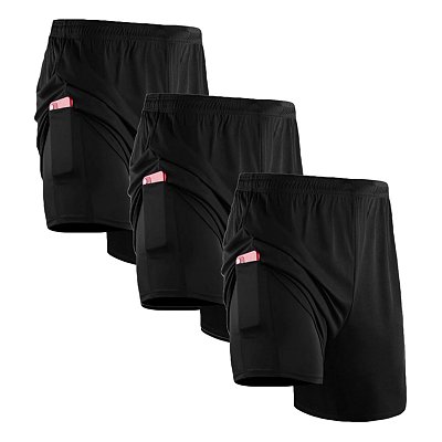 Kit 3 Bermudas Dryfit Com Short Térmico 2 Em 1 Liso - Preto