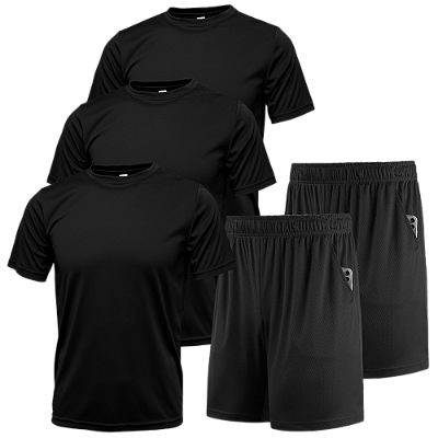 Kit Esportivo Masculino All Black com 5 Peças – 3 Camisetas + 2 Bermudas em Dryfit