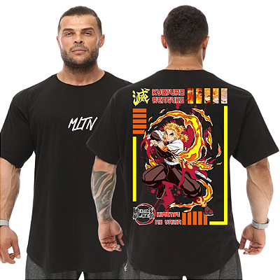 Camiseta Oversized Masculina Larga Para Treino e Academia - Demon Slayer Kyōjurō Rengoku