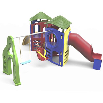 Playground Aventura Com Tubo II Com Escorregador Tubo E Balanço Com Acessibilidade E Telhados