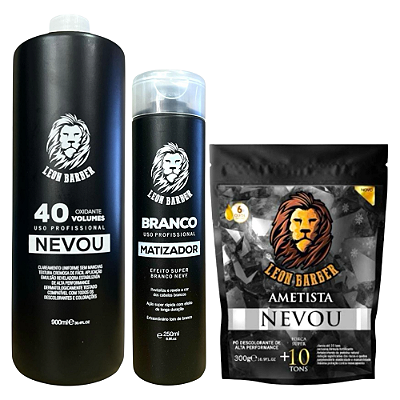 Kit Pó Descolorante Ametista 300g + Matizador Branco 250ml + Água Oxigenada 900ml (40 Volumes) – Leon Barber