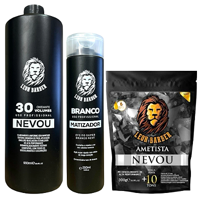 Kit Pó Descolorante Ametista 300g + Matizador Branco 250ml + Água Oxigenada 900ml (30 Volumes) – Leon Barber