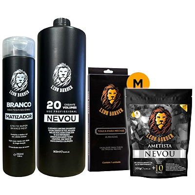 Kit Touca M + Pó Descolorante Ametista 300g + Matizador 250ml + Água Oxigenada 900ml (20 Volumes) – Leon Barber
