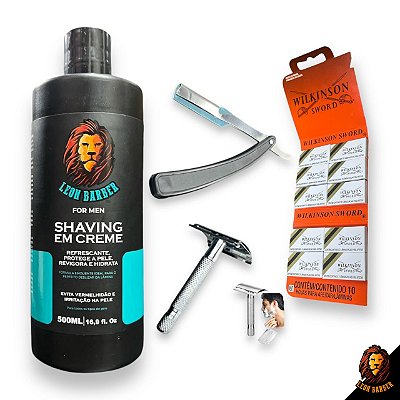 Kit Barbear Shaving Creme Leon Barber Navalhetes e Lâminas Wilkinson