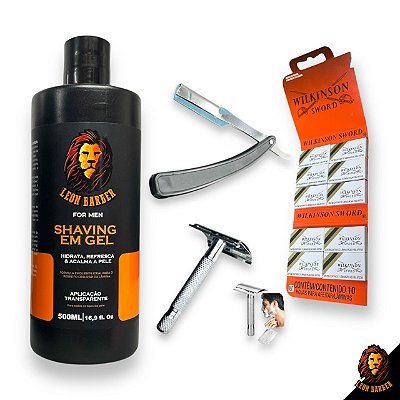 Kit Barbear Shaving Gel Leon Barber Navalhetes e Lâminas Wilkinson