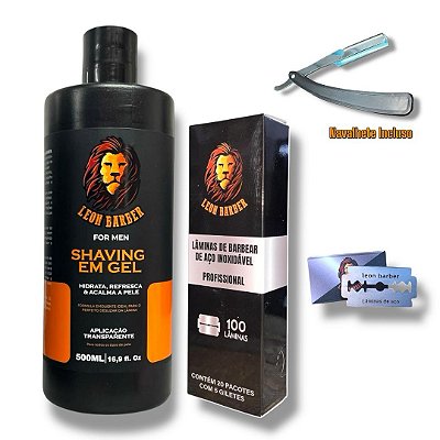 Kit Barbear Shaving Gel 500ml Lâminas 100 und com Navalhete Incluso Leon Barber