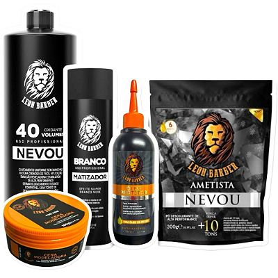 Kit Pó descolorante Ametista Oxigenada 40 Óleo protetor Matizador Cera Modeladora Leon Barber