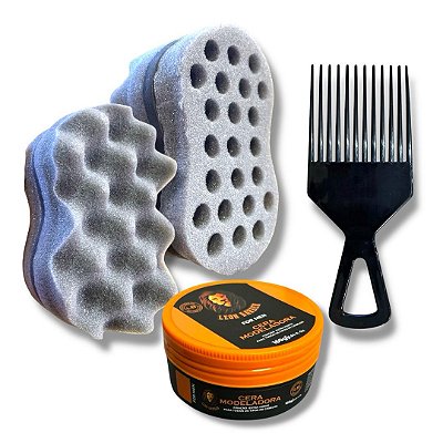 Kit Esponja Nudred Dupla Face Enrolar Cabelos 12mm + Cera Modeladora Extra fixação + Pente Afro