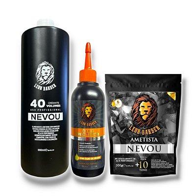 Kit Pó Descolorante Ametista 300g + Água Oxigenada 900ml (40 Volumes) + Óleo Pré Descoloração 100ml – Leon Barber