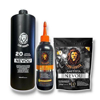Kit Pó Descolorante Ametista 300g + Água Oxigenada 900ml (20 Volumes) + Óleo Pré Descoloração 100ml – Leon Barber