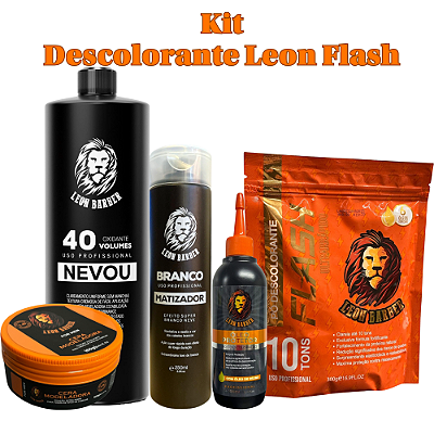 Kit descoloração ultrarápida Pó desocolorante Flash, Óleo, Matizador e Oxigenada 40v Leol Barber