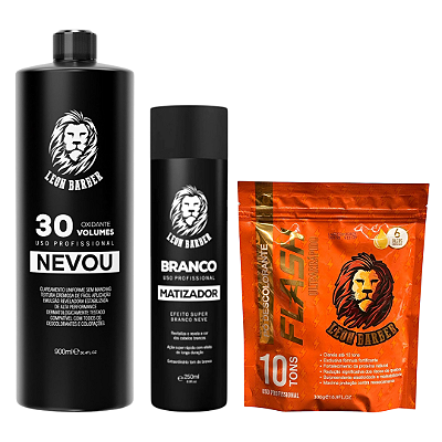 KIT Pó Descolorante Ametista Flash + Matizador Branco 250ml + Água Oxigenada 30 Vol 900ml Leon Barber