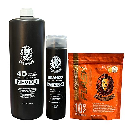 Kit Pó Descolorante Ametista Flash + Matizador Branco 250ml + Água Oxigenada 40 Vol 900ml – Leon Barber