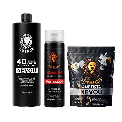 KIT Pó Descolorante Ametista 300g + Matizador Vermelho 250ml + Água Oxigenada 900ml (40 Volumes) – Leon Barber