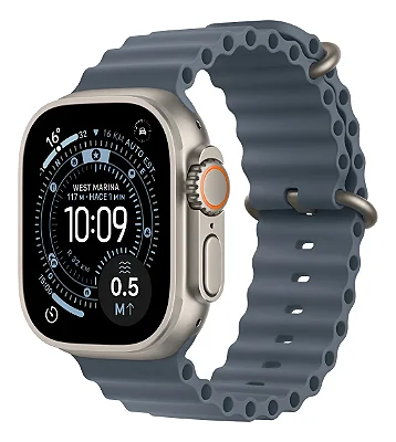 Apple Watch Ultra 3 GPS + Cellular • Caixa natural de titânio – 49 mm • Pulseira Oceano azul-âncora