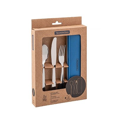 Conjunto Talher Aço Inox Com Estojo E Tampa Azul Tramontina