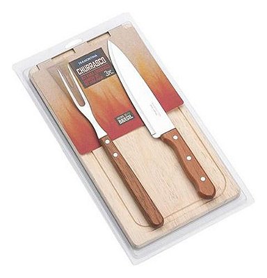 Jogo Churrasco Tabua Garfo Trinchante Faca Inox Tramontina