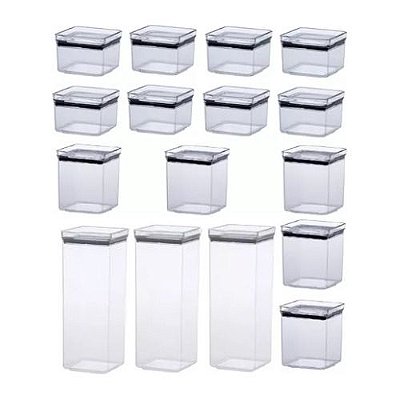 16 Potes Herméticos Quadrados Empilháveis 480/1000/2200ml