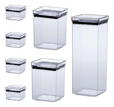 Kit 7 Potes Mantimentos Alimento Hermético Quadrado Acrílico